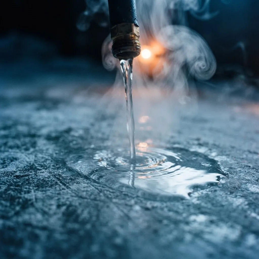 Steaming hot water flowing onto backyard rink ice