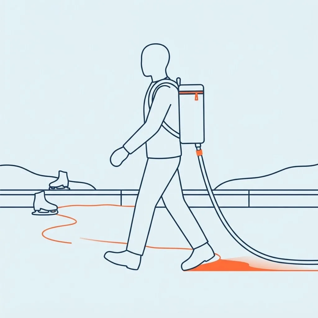 Illustration of the Higgy worn as a backpack while walking across the rink