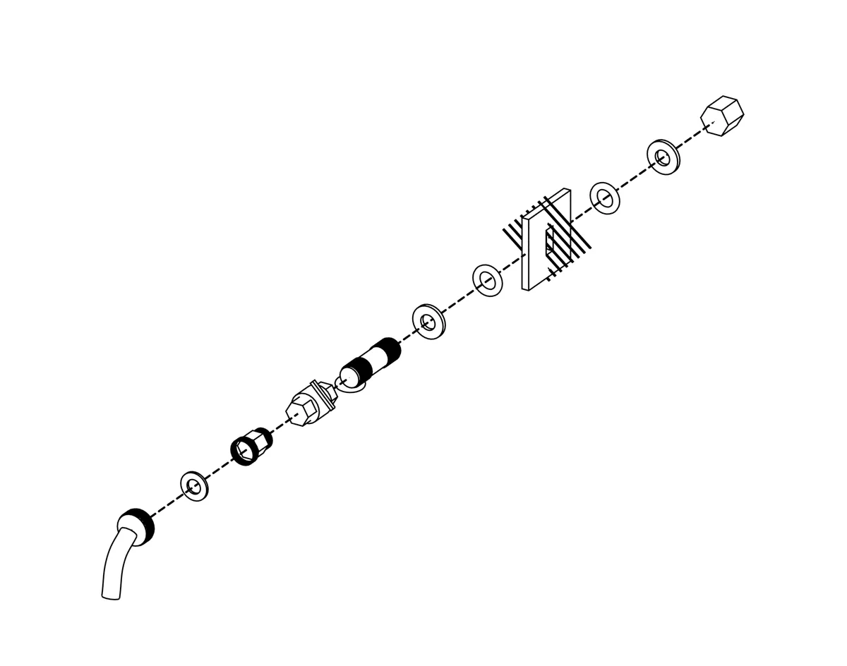 Patent-style exploded drawing of the Higgy outlet: brass coupling, washers and seals, the cooler wall, brass nipple, ball valve, hose adapter, hose washer and hose, lined up in build order